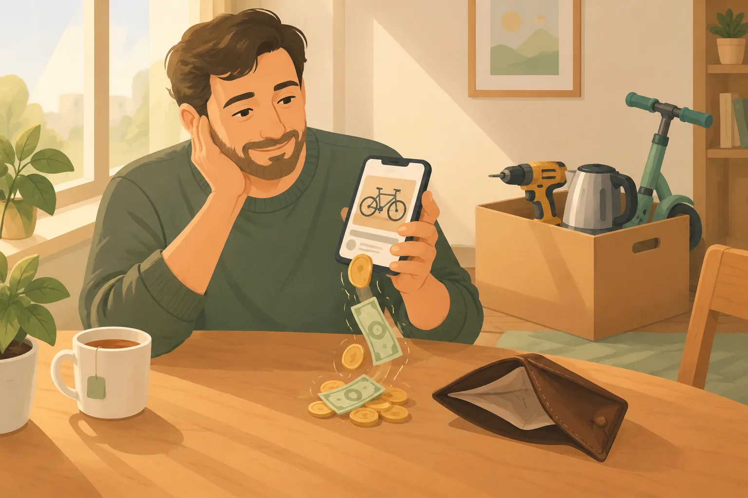 Человек за кухонным столом с телефоном: из экрана объявления сыплются монеты, рядом пустой кошелёк и коробка вещей
