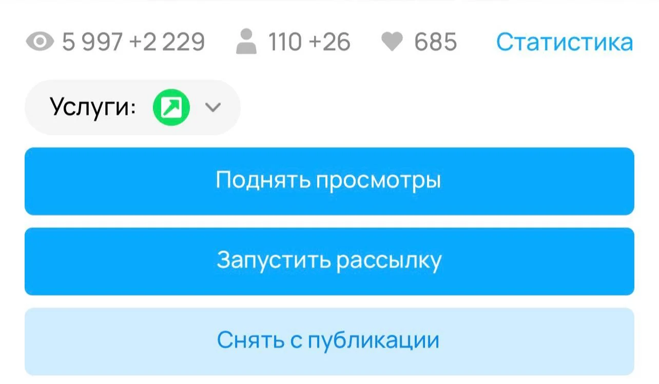 Счётчик объявления на Авито у продавца: 5997 просмотров всего и 2229 за сегодня, 110 контактов и 26 за сегодня